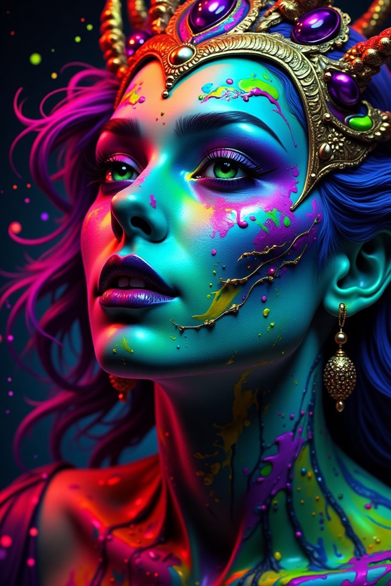 Closed up,  vibrant colour,  splashing and splattered paints of The Enchanted Undead Queen face on Tensor.Art