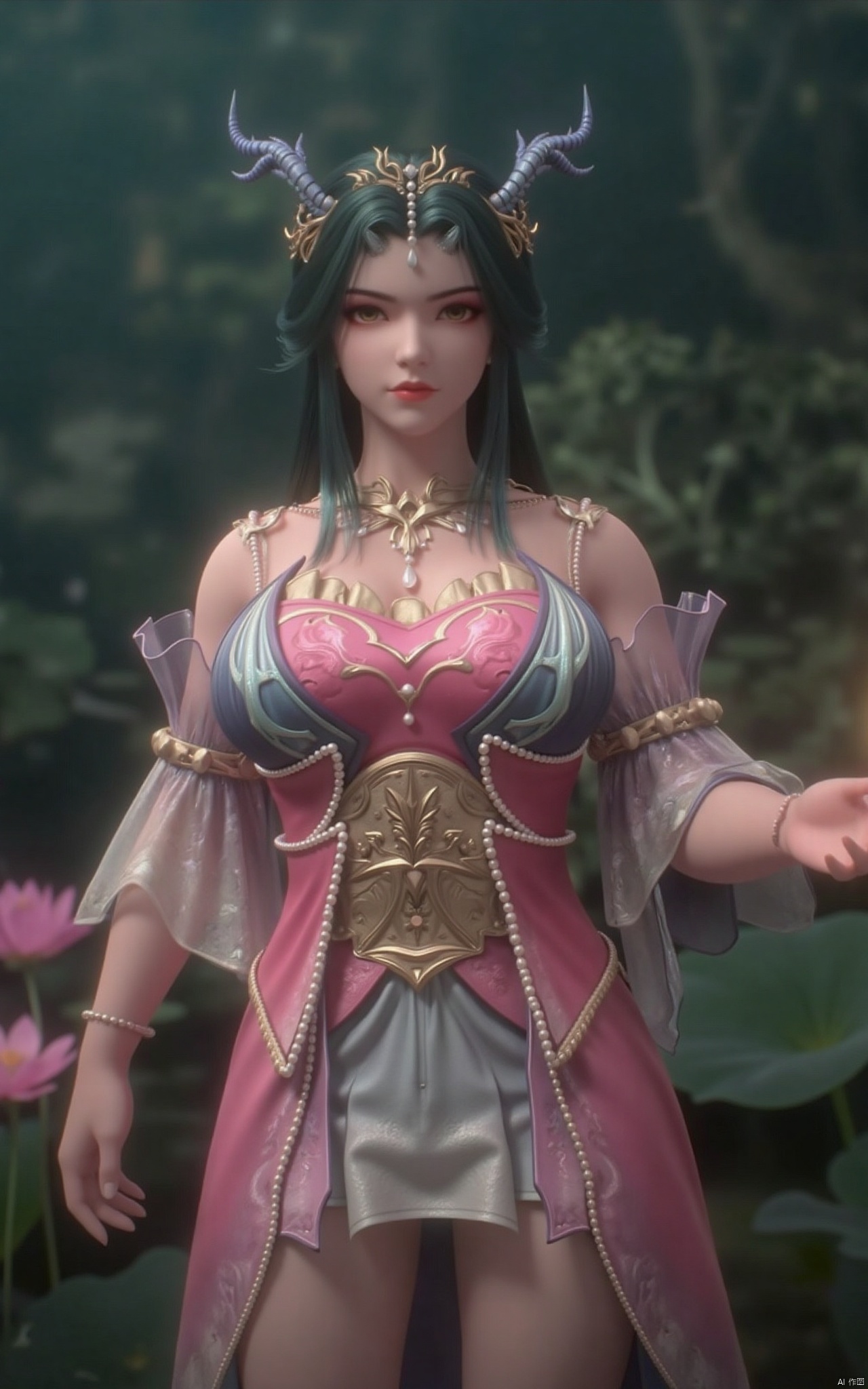 masterpiece,(best quality),official art, (1girl), (solo), ((looking_at_viewer)),(huge breasts:2.39),(full breasts:1.99),Xzhaoliner,(Lotus pond, lotus:1.52),Xruoshui,Xlongnv,Xbaiyijun,XyunluoH,XyunluoX,Xyiwenjun