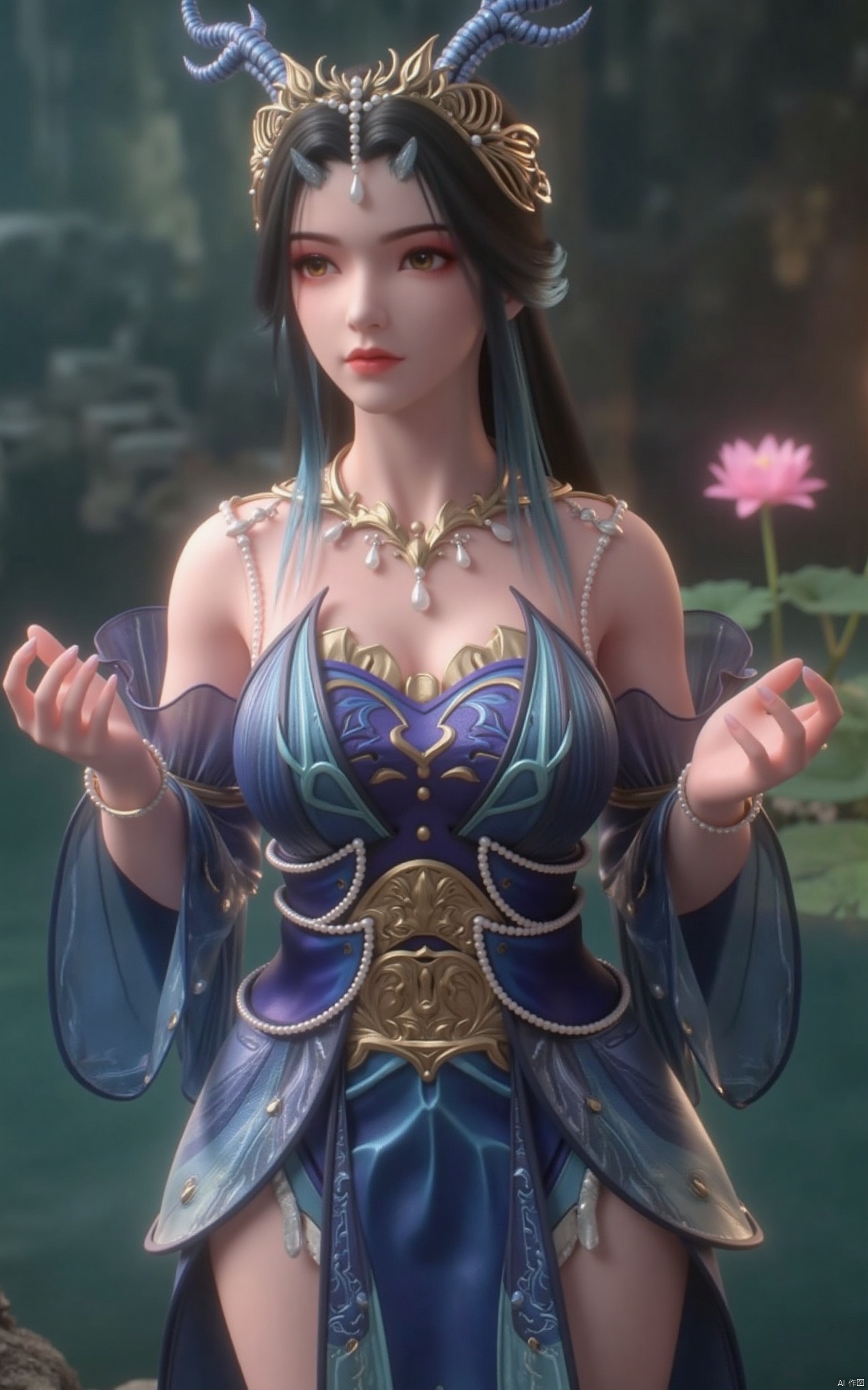 masterpiece,(best quality),official art, (1girl), (solo), ((looking_at_viewer)),(huge breasts:2.39),(full breasts:1.99),Xzhaoliner,(Lotus pond, lotus:1.52),Xruoshui,Xlongnv,Xbaiyijun,XyunluoH,XyunluoX,Xyiwenjun