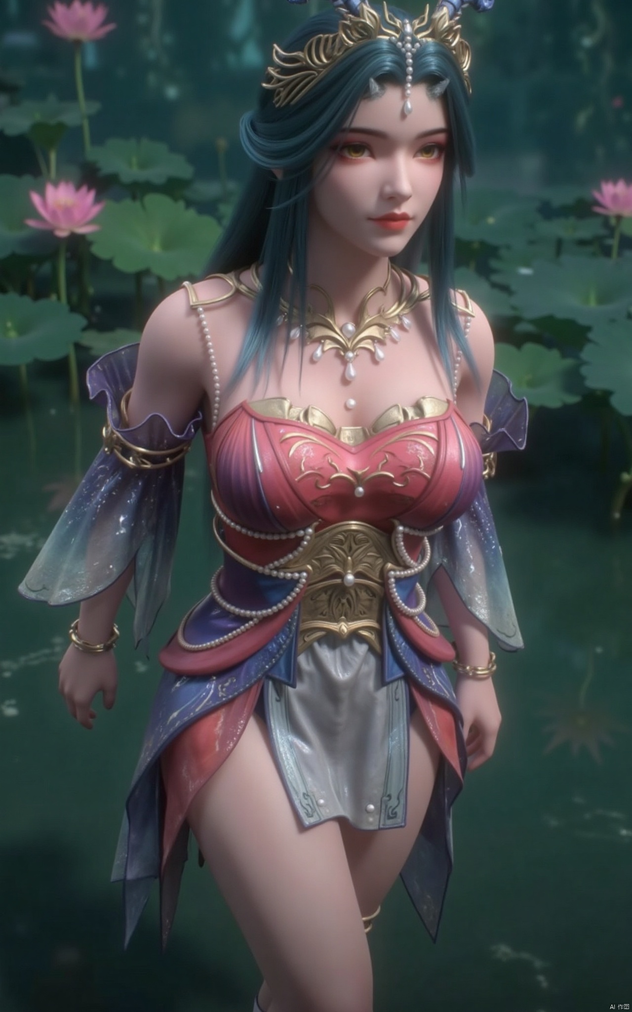 masterpiece,(best quality),official art, (1girl), (solo), ((looking_at_viewer)),(huge breasts:2.39),(full breasts:1.99),Xzhaoliner,(Lotus pond, lotus:1.52),Xruoshui,Xlongnv,Xbaiyijun,XyunluoH,XyunluoX,Xyiwenjun