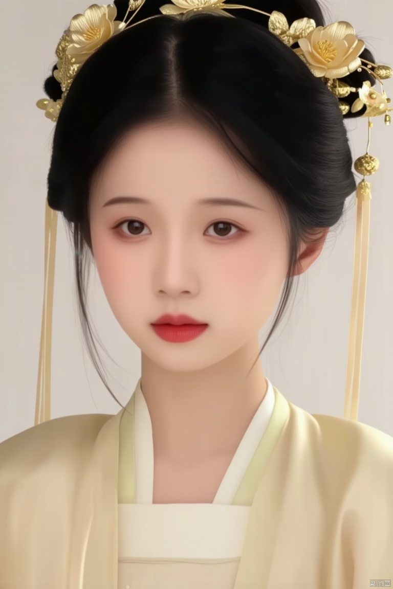 a close-up shot captures a young Asian woman in a cream hanfu. Her hair is pulled back in a bun, adding a touch of texture to her face. Her eyes are a deep brown, and her lips are pursed. She is wearing a gold flower crown on her head.