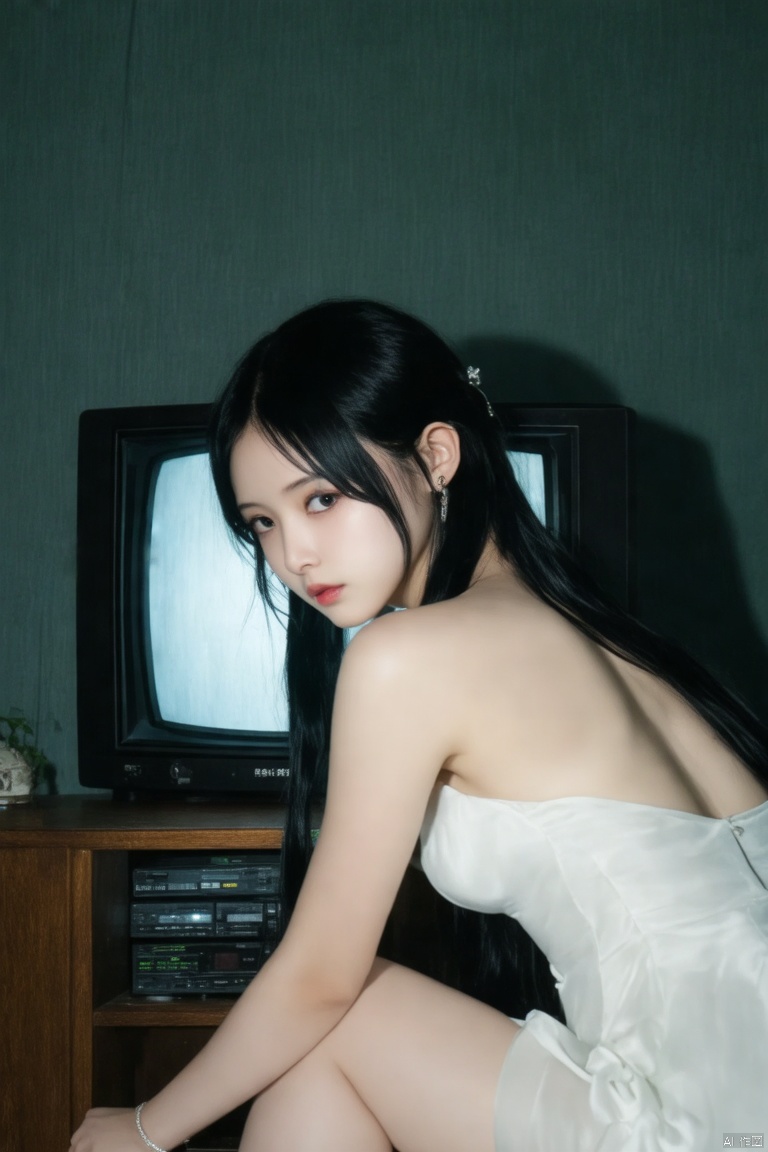 score_9, score_8_up, score_7_up, score_6_up, (static television, lower body inside monitor:1.5), yamamura sadako, 1girl, long black hair, hair over eyes, (colored skin, pale skin, white translucent dress), top-down bottom-up, bent over, , indoors, dark atmosphere, sharp focus, cinematic composition, tiny breasts.
