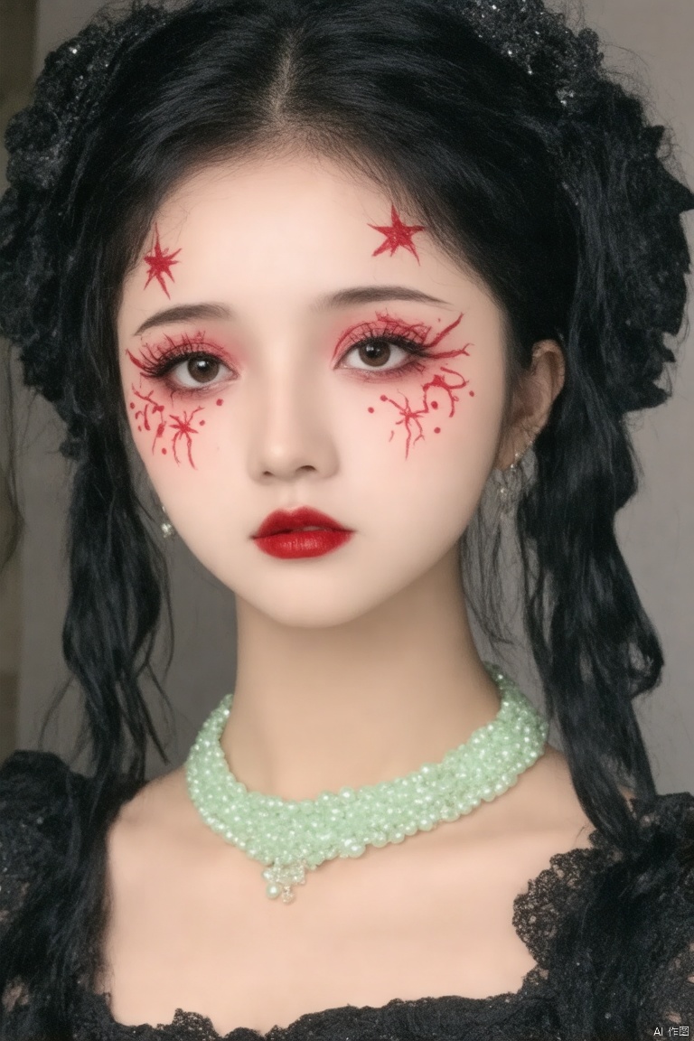 Halloween makeup,Highly detailed face,OBbllai,This is a highly detailed,close-up photograph of a young woman with an otherworldly,almost doll-like appearance. Her skin is pale,and she has a delicate,almost porcelain complexion. Her eyes are large,with a subtle,natural brown color,and are accentuated with thick,dark eyelashes. Her eyebrows are neatly arched and well-defined. Her lips are full and painted a vibrant,matte red. Her makeup is intricate and striking; it includes elaborate red lines and star-like patterns around her eyes,giving her a surreal,almost insect-like quality. There are also small,delicate red dots scattered across her cheeks and forehead,adding to the overall aesthetic. Her hair is voluminous and dark,styled in loose,natural curls that frame her face. She wears a light green,pearl-like necklace that complements her pale skin and adds a touch of elegance to the otherwise dramatic and gothic look. The background is blurred and out of focus,ensuring that the viewer's attention remains solely on her face. The overall mood of the photograph is eerie and captivating,blending elements of fantasy and horror with a delicate,almost fragile beauty.,