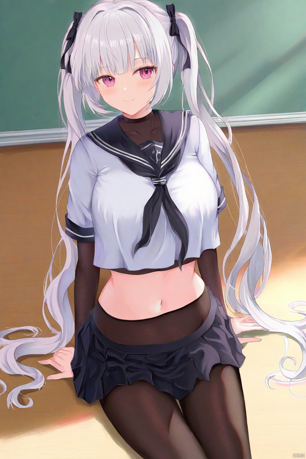 Best-A,(masterpiece),(best quality),best shadow,best light,(colorful),(artist kizuna),artist_ru_zhai,artist_atdan,artist_tokkyu,artist_kataokasan,artist_mignon,artist_hidzzz_pixiv,artist_rurudo,1girl,large breasts,looking at viewer,very long hair,twintails,skirt,black pantyhose,(bodystocking:1.2),white hair,purple eyes,ribbon,hair ribbon,black ribbon,bodysuit,solo,serafuku,neckerchief,black skirt,short sleeves,smile,pleated skirt,navel,sailor collar,closed mouth,midriff,blunt bangs,black sailor collar,crop top overhang,arm support,miniskirt,cropped shirt,