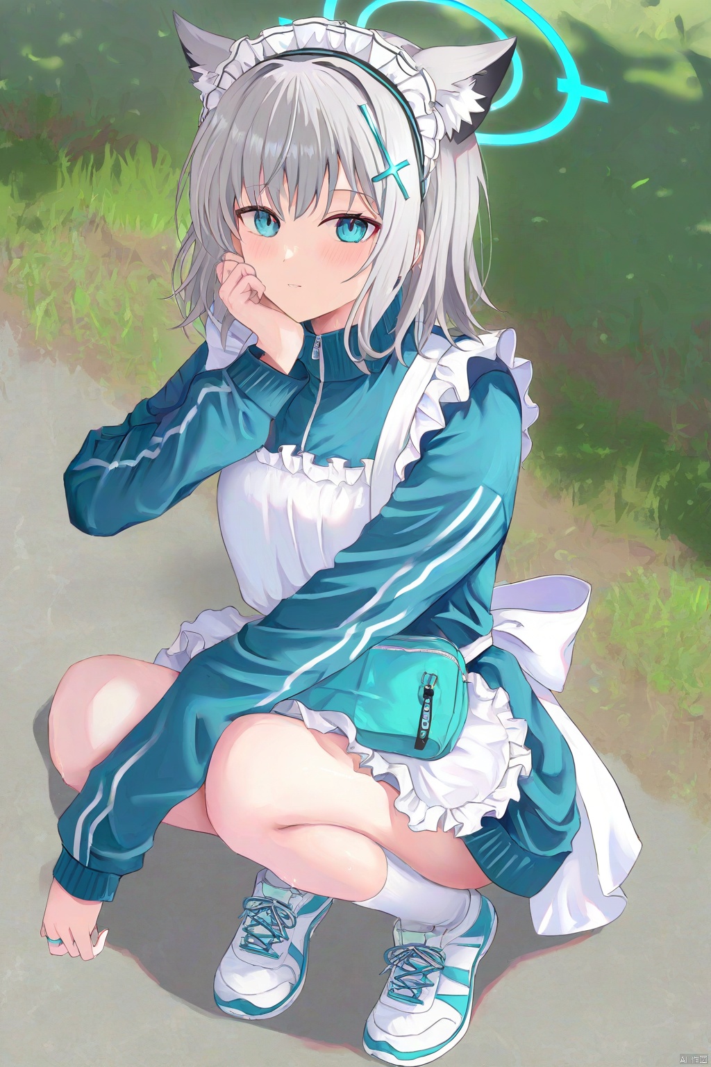 Best-A,(masterpiece),(best quality),best shadow,best light,(colorful),(artist kizuna:1.1),[artist_ru_zhai],[artist_atdan],[artist_tokkyu],[artist_kataokasan],[artist_mignon],[artist_hidzzz_pixiv],[artist_rurudo],1girl, animal ears, solo, shiroko (blue archive), halo, wolf ears, maid, blue eyes, white socks, squatting, socks, maid headdress, grey hair, apron, jacket, cross hair ornament, unconventional maid, shoes, looking at viewer, long sleeves, alternate costume, hair ornament, blue jacket, animal ear fluff, maid apron, signature, sneakers, blue halo, white footwear, white apron, medium hair, track jacket, mismatched pupils, frills, kneehighs, full body, bag, blush, frilled apron,wet pantyhose,