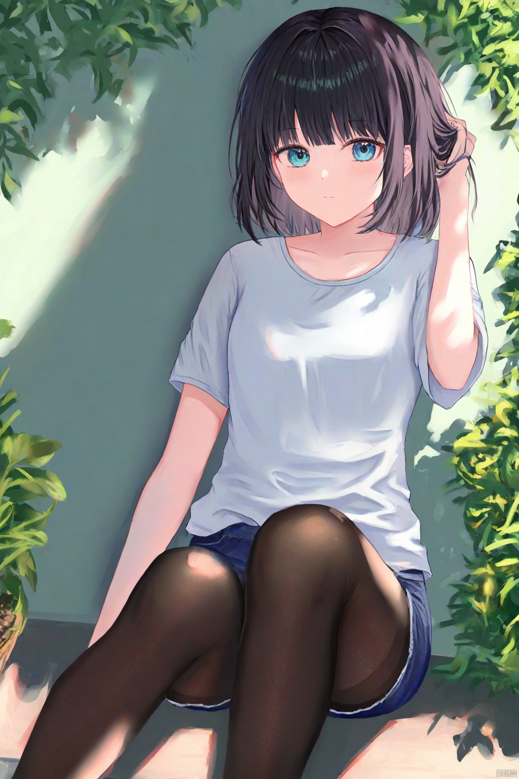Best-A,(masterpiece),(best quality),best shadow,best light,(colorful),(artist kizuna:1.2),artist_ru_zhai,artist_atdan,artist_tokkyu,artist_kataokasan,artist_mignon,artist_hidzzz_pixiv,artist_rurudo,1girl, pantyhose, shirt, short hair, solo, blue eyes, black hair, sitting, outdoors, looking at viewer, shorts, black pantyhose, white shirt, mole under eye, t-shirt, denim, mole, short sleeves, closed mouth, blue shorts, collarbone, knees up, day, thighband pantyhose, denim shorts, hand in own hair, feet out of frame, hair between eyes, plant, hand up, road, bob cut, blush