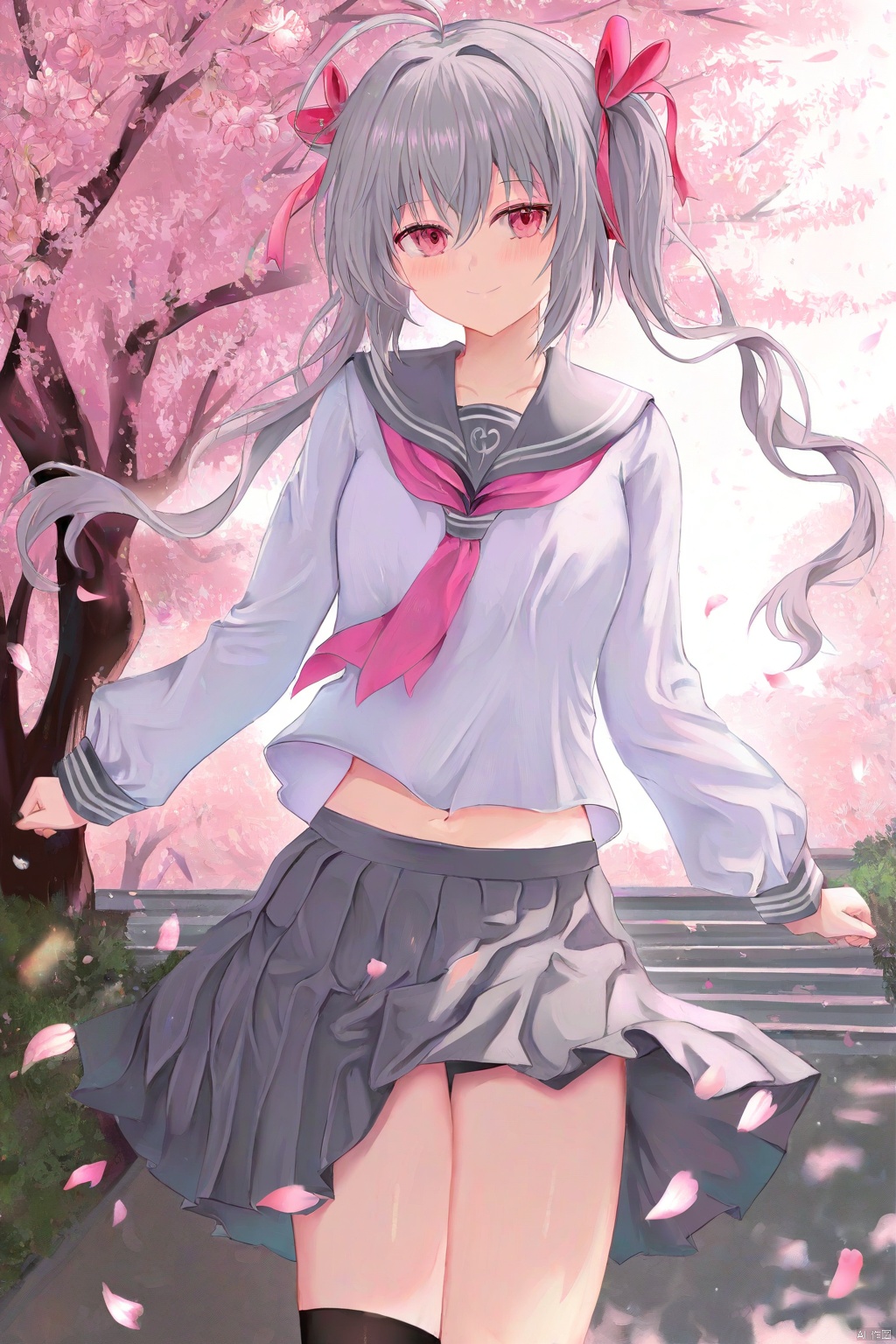 Best-A,(masterpiece),(best quality),best shadow,best light,(colorful),(artist kizuna),artist_ru_zhai,artist_atdan,artist_tokkyu,artist_kataokasan,artist_mignon,artist_hidzzz_pixiv,artist_rurudo,outdoors,1girl,solo,long hair,hair between eyes,twintails,ahoge,(grey hair:1.1),pink eyes,navel,closed mouth,standing,blush,smile,arms_at_sides,looking at viewer,grey sailor collar,pink neckerchief,puffy long sleeves,white serafuku,sailor shirt,midriff,wind lift,pleated skirt,miniskirt,grey skirt,kneehighs,pink ribbon,hair ribbon,zettai ryouiki,midriff peek,cherry blossoms,petals,falling petals,
