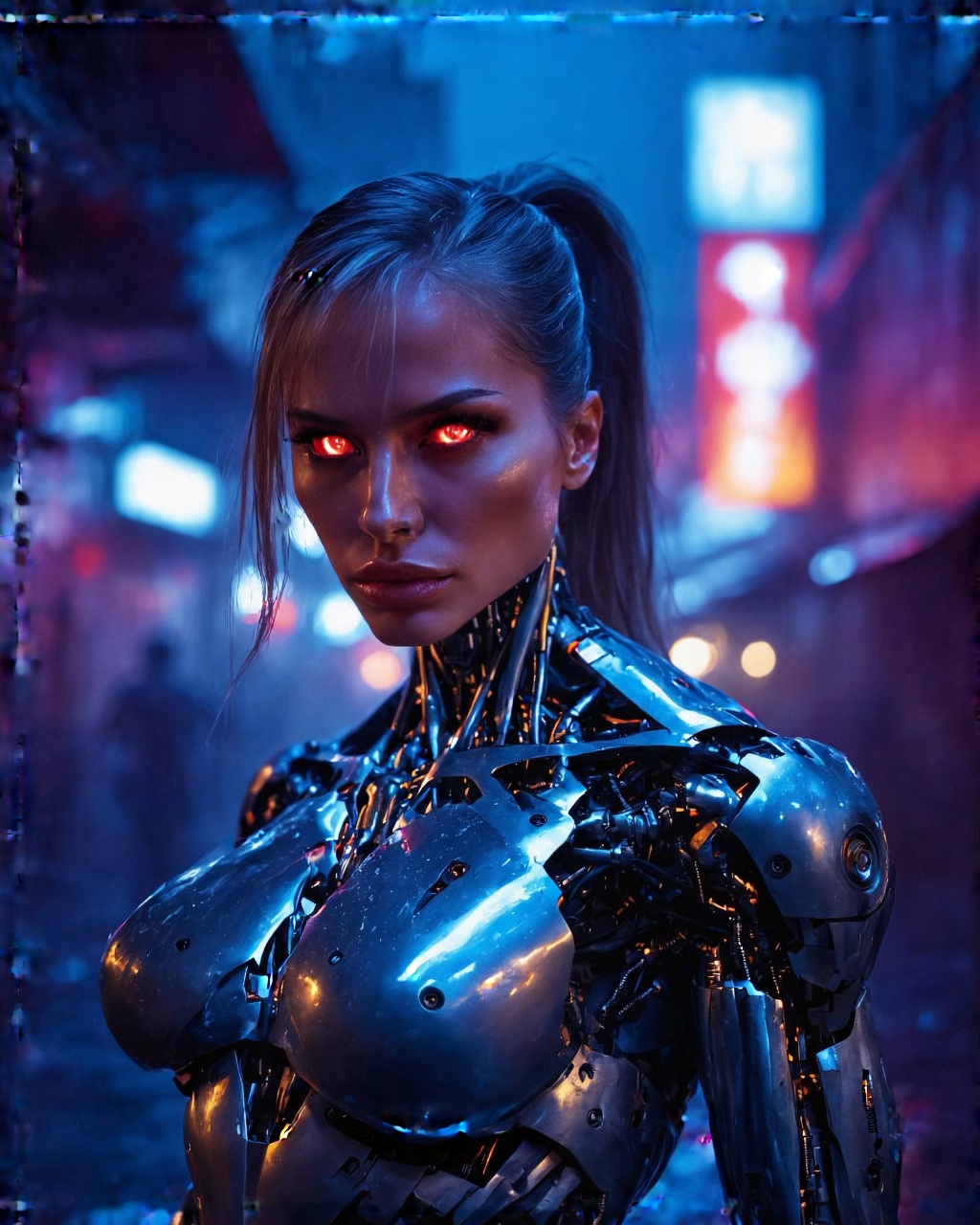 A close-up shot of a futuristic femme fatale,  the Female Terminator,  posed confidently against a dark urban backdrop on...