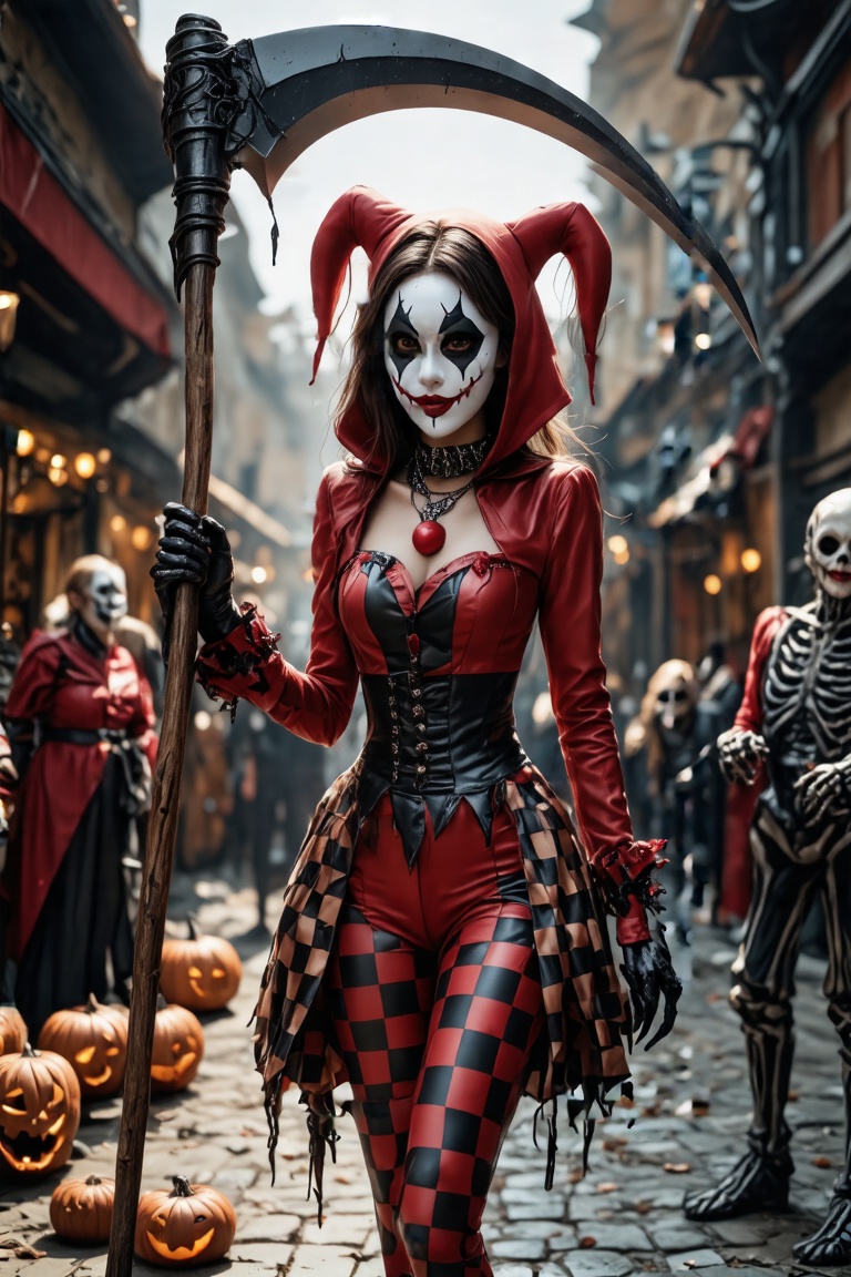 masterpiece, best quality, ultra high resolution, visually stunning, scary art, (Full body), (a stylized harlequin holding a scythe with a Halloween style that captures the attention of the public), (a woman in a red and black outfit and a mask), with a checkered pattern, (a necklace and a hood), badass, realistic, detailed, 4k,aw0k euphoric style,aesthetic portrait,pturbo,monster,Sci-fi ,scythe