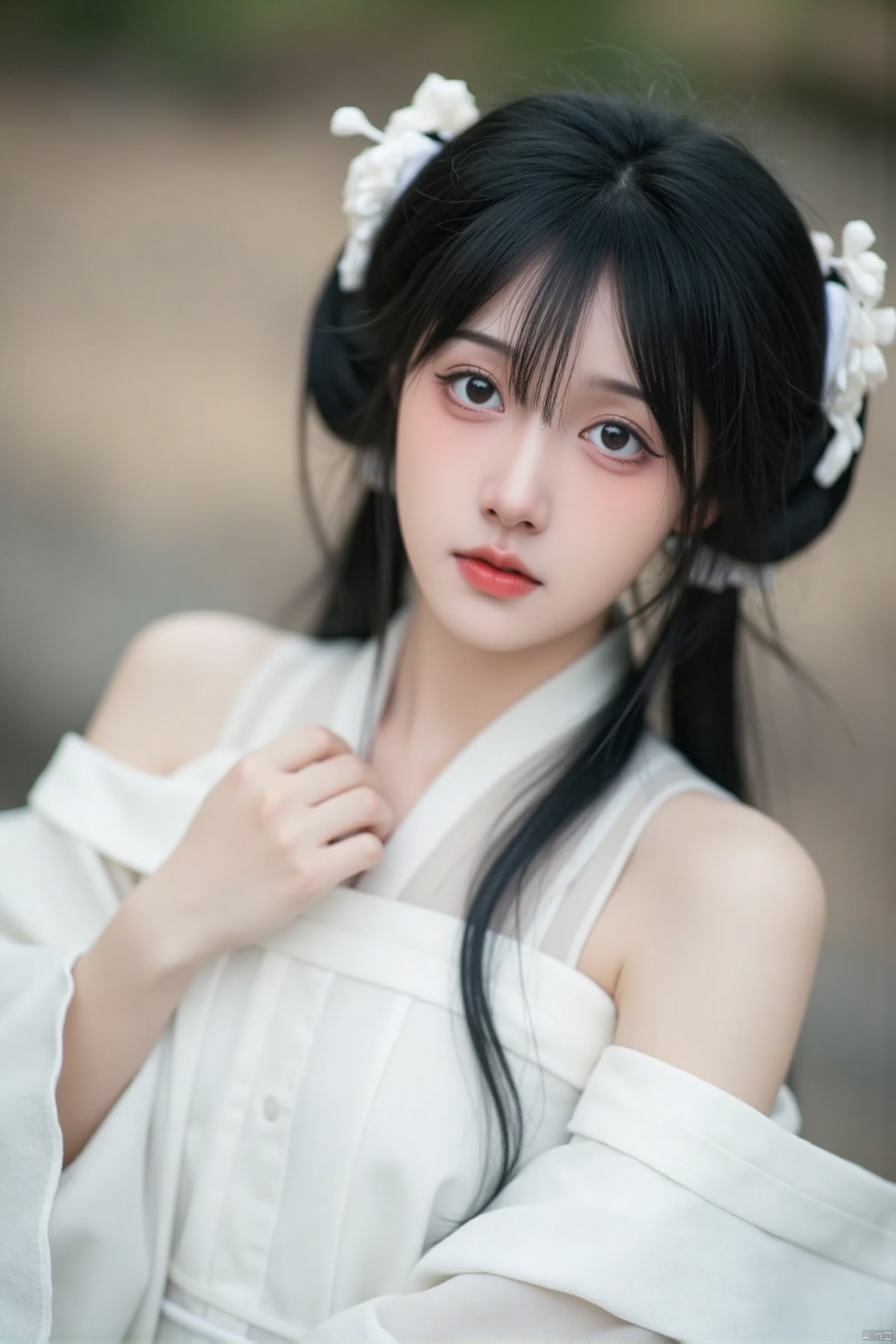 A medium angle photo captures a woman wearing long black hair and a white dress. looking up at the camera,adding a touch of charm to her clothes. 