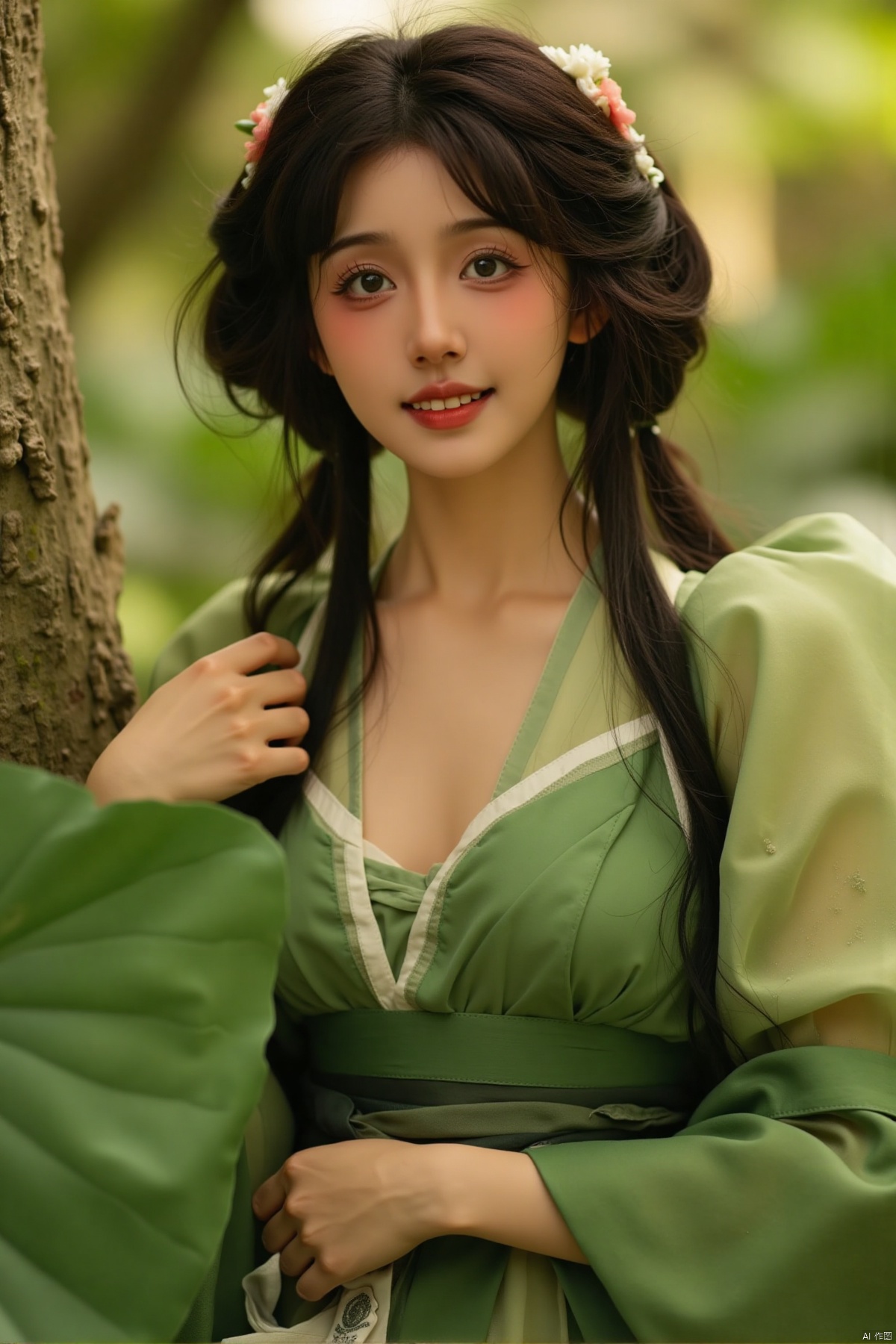 (best quality,4k,8k,highres,masterpiece:1.2),ultra-detailed,(realistic,photorealistic,photo-realistic:1.37),pale skin,freckled,brunette,21 year old girl,black eyes,blushing cheeks,wavy hair,smiling,large breasts,flowing green robes,soft natural light,ethereal atmosphere,green and brown tones,gentle breeze,glowing aura,peaceful expression,delicate features,harmonious environment,calm and serene,illustration,high detail,beautiful detailed eyes,beautiful detailed lips,extremely detailed face,long eyelashes,