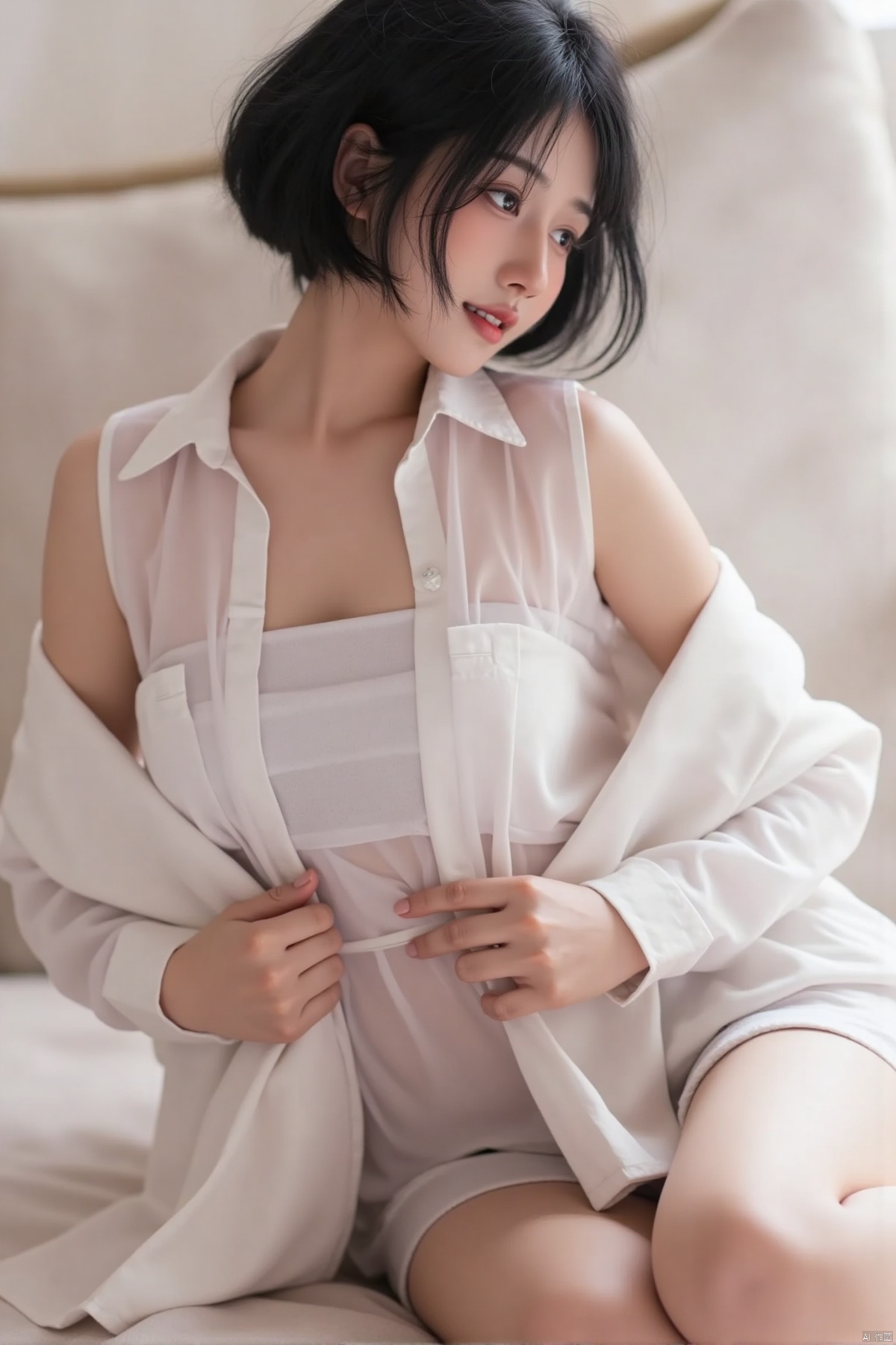 1girl,White shirt,Ultra shorts,,black hair,realistic,bare shoulders,short hair,(8k, RAW photo, best quality, masterpiece:1.2),(realistic, photo-realistic:1.37),photon mapping,professional lighting,radiosity,smile,Big breasts:1.8,Looking at you affectionately,Behind your hands,Bend over,Chest out, ass up,The coat button is opened three times,