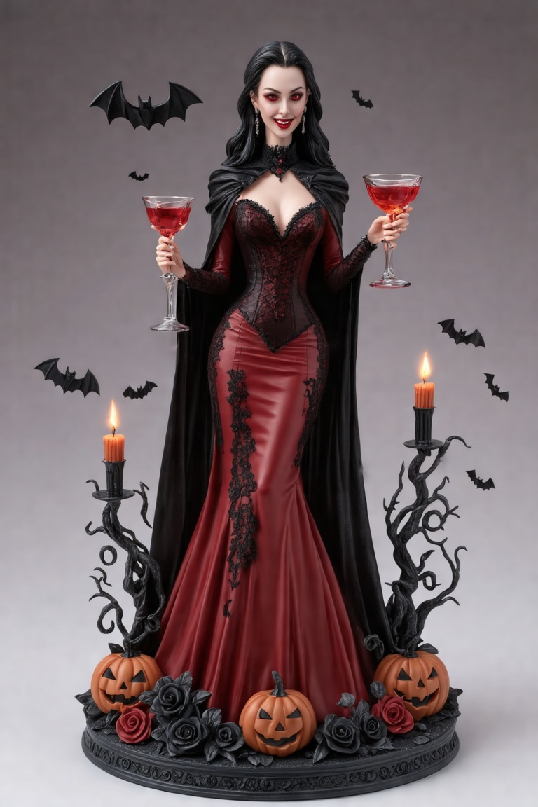 Halloween style, Candle figure, candle style, very exquisite, intricate details, breathtaking art, A high-quality anime-style figure of a stunning Halloween vampire woman, dressed in a sleek, dark red and black vampire gown with lace and velvet accents. Her outfit is elegantly designed, with a fitted bodice, high collar, and flowing cape that adds a sense of drama to her look. She has long, flowing black hair with a slight wave, and her skin is pale, with piercing red eyes that glow mysteriously. Her expression is alluring, with a mischievous, seductive smile that reveals her sharp fangs. She holds a small goblet filled with a glowing red liquid, adding to her vampiric allure. The base is decorated with gothic details, like black roses, twisted vines, and miniature bats, giving a dark and elegant Halloween atmosphere. The overall design blends beauty and mystery, capturing the essence of a seductive vampire queen ready for Halloween night.