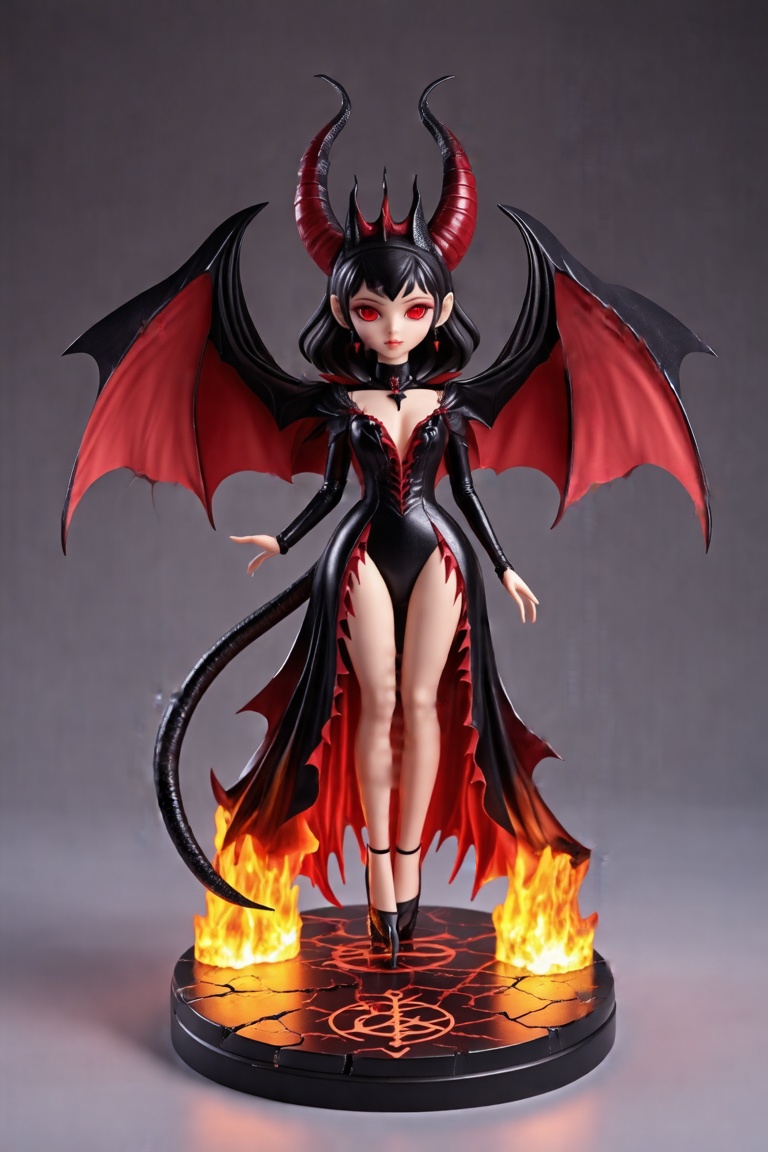 FuturEvoLabFigure, Figure_FuturEvoLab, 
A high-quality anime-style figure of a girl dressed as a demonic queen. She wears a black and red body-hugging dress with sharp, jagged edges and a long demon tail curling behind her. Large bat-like wings extend from her back, and her red eyes glow with power. The base features fiery elements, with glowing cracks and demon symbols, adding to her dark, commanding presence.