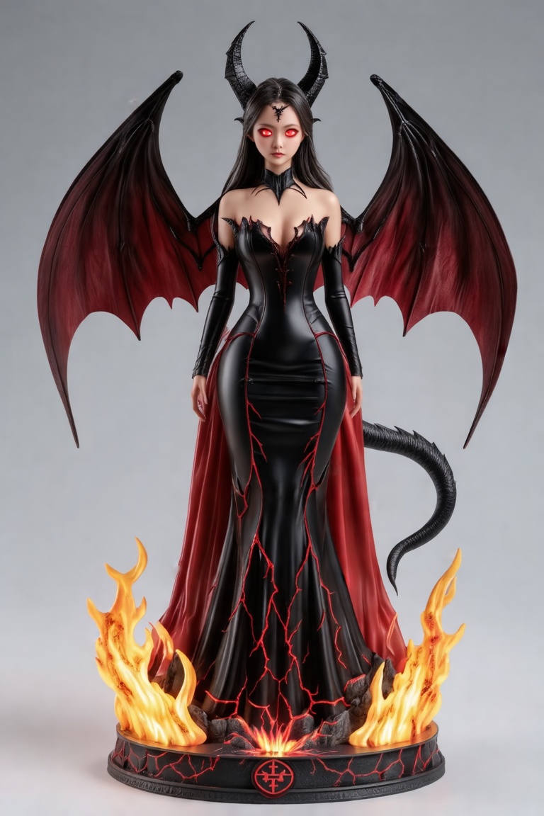 FuturEvoLabFigure, 
A high-quality anime-style figure of a girl dressed as a demonic queen. She wears a black and red body-hugging dress with sharp, jagged edges and a long demon tail curling behind her. Large bat-like wings extend from her back, and her red eyes glow with power. The base features fiery elements, with glowing cracks and demon symbols, adding to her dark, commanding presence.