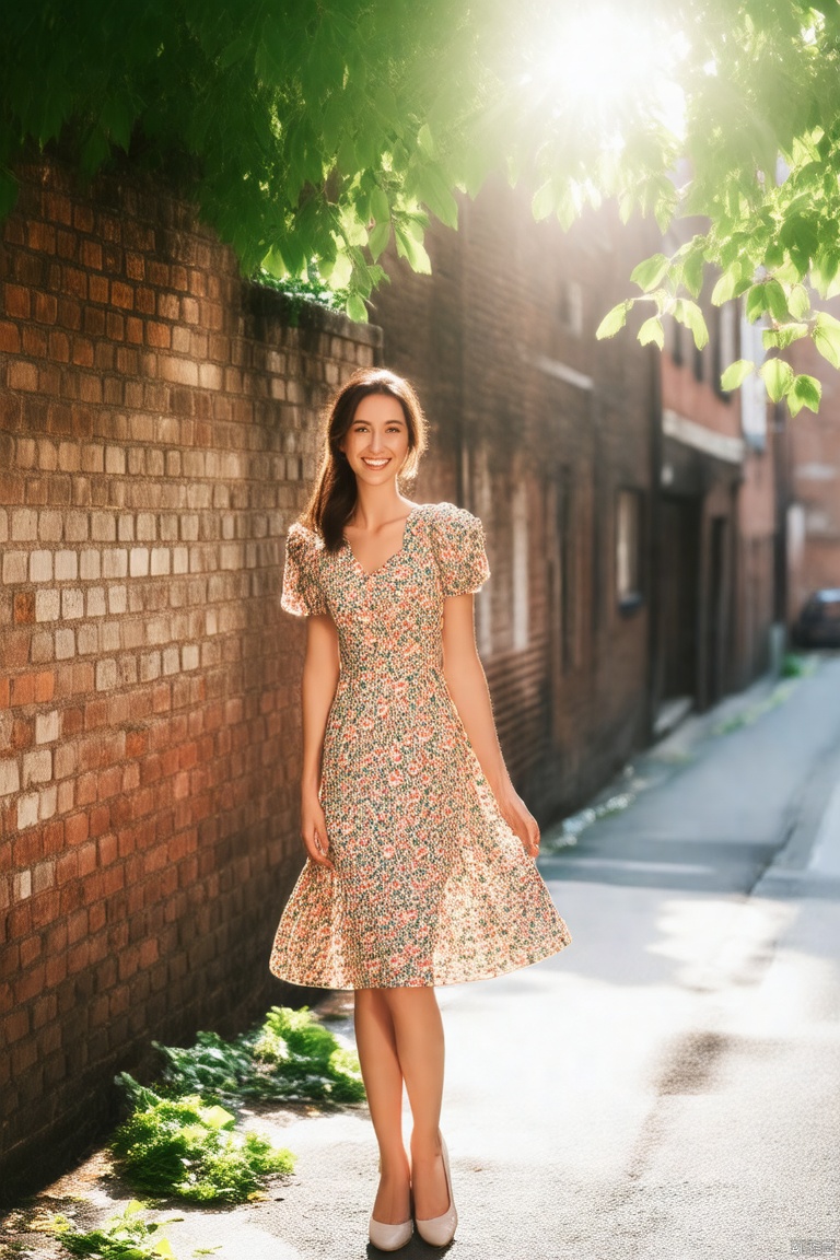 A beautiful woman dressed in a vintage floral dress stands in front of a brick wall on an old street, with sunlight filtering through the leaves and casting a warm, nostalgic glow on her. Her smile is radiant, and her eyes exude confidence and elegance.

