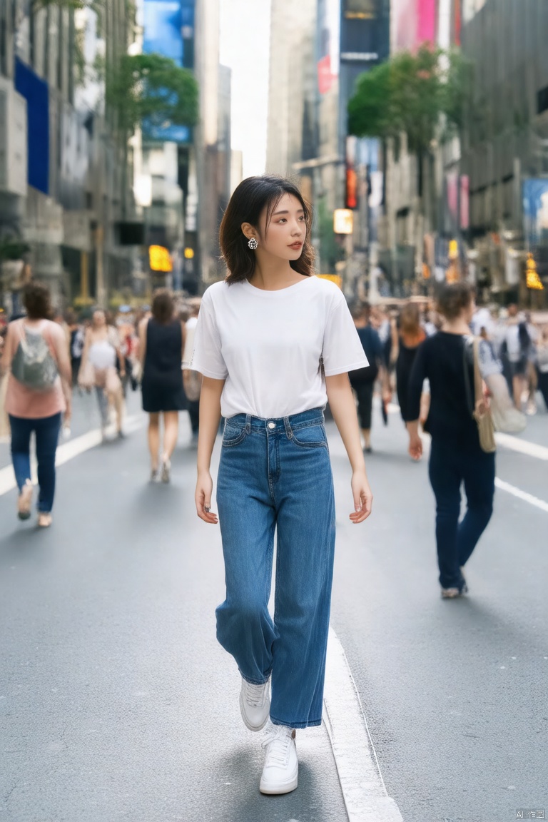 In the bustling streets of the modern city, a beautiful woman dressed in a simple white T-shirt paired with high-waisted jeans and white sneakers is casually strolling. Her hairstyle is trendy, and she wears simple silver earrings, creating an overall look that is both casual and stylish.



