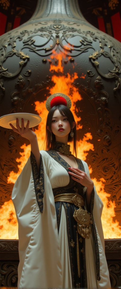 In a vast and imposing Taoist temple,  a powerful crane fairy stands before a monumental alchemical furnace,  radiating bo...