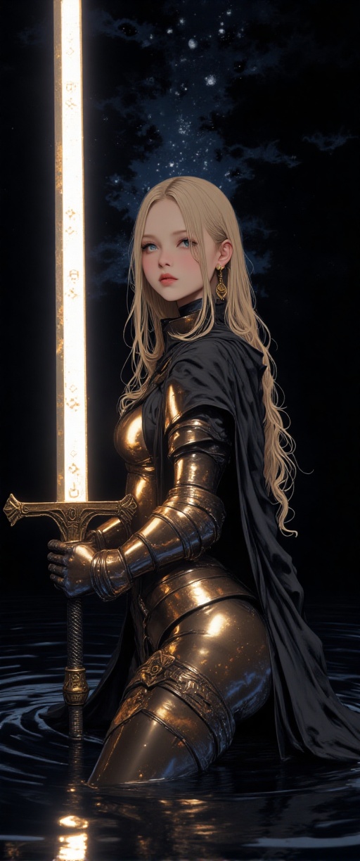 Prompt: Within a carbon black ambiance,  a solitary female figure clad in rose-platinum armor stands partially submerged i...