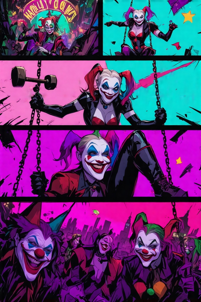 Multi-panel composition style,  each panel featuring a different pose of Harley Quinn. Panel 1: Harley in a playful,  misc...