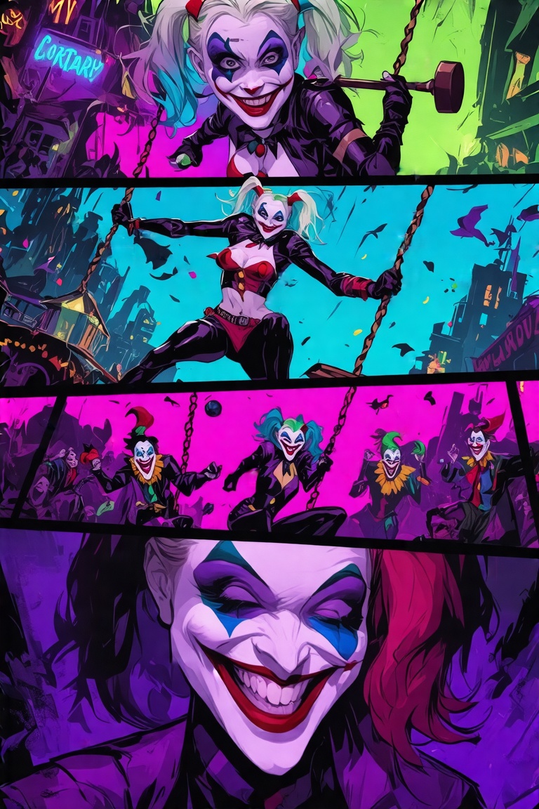 Multi-panel composition style,  each panel featuring a different pose of Harley Quinn. Panel 1: Harley in a playful,  misc...