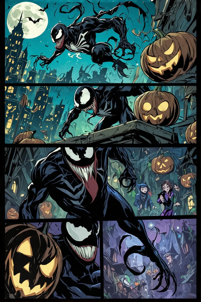 Multi-panel composition style,  each panel depicting Venom in action during Halloween. Panel 1: Venom leaping from a rooft...