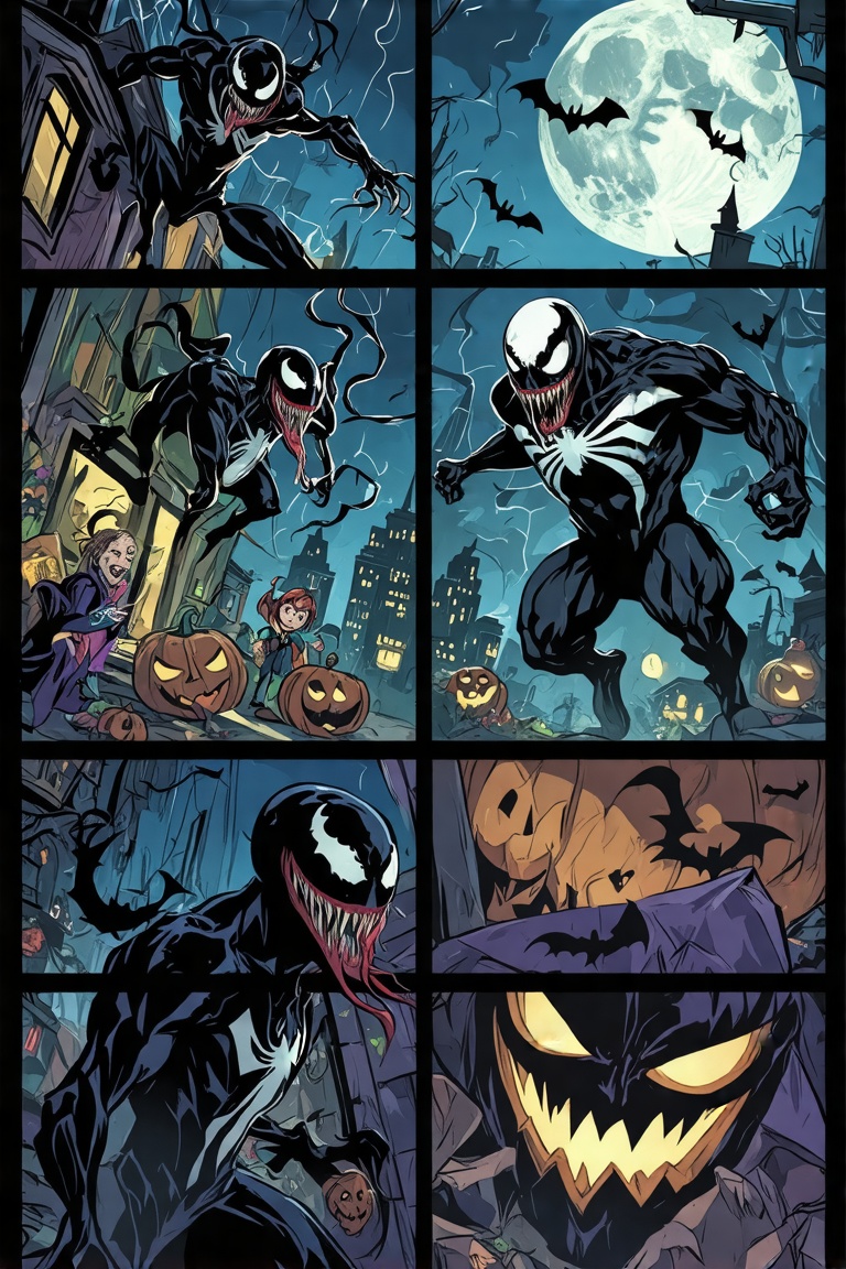 Multi-panel composition style,  each panel depicting Venom in action during Halloween. Panel 1: Venom leaping from a rooft...