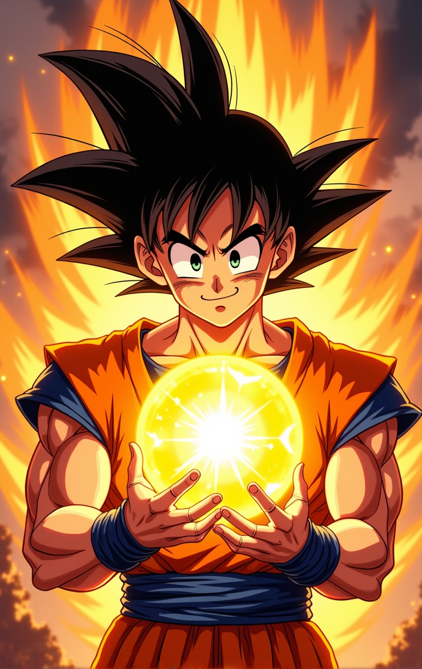 son goku holding a bightly glowing golden ball,  spiky anime hair,  4k on Tensor.Art