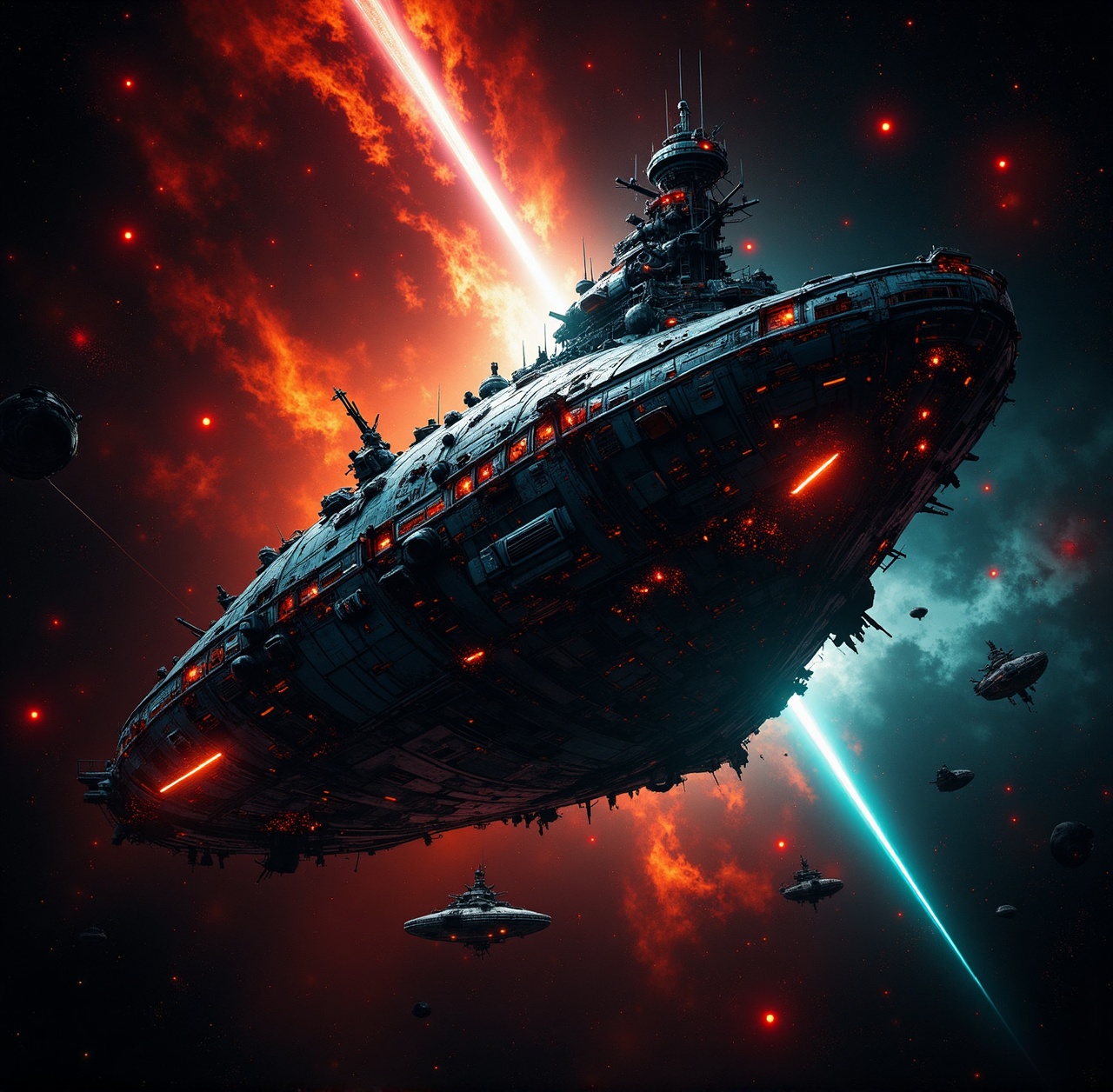 in the style of star trek ; there is a spaceship,  it is an imposing exploration spaceship and it appears battered and wor...