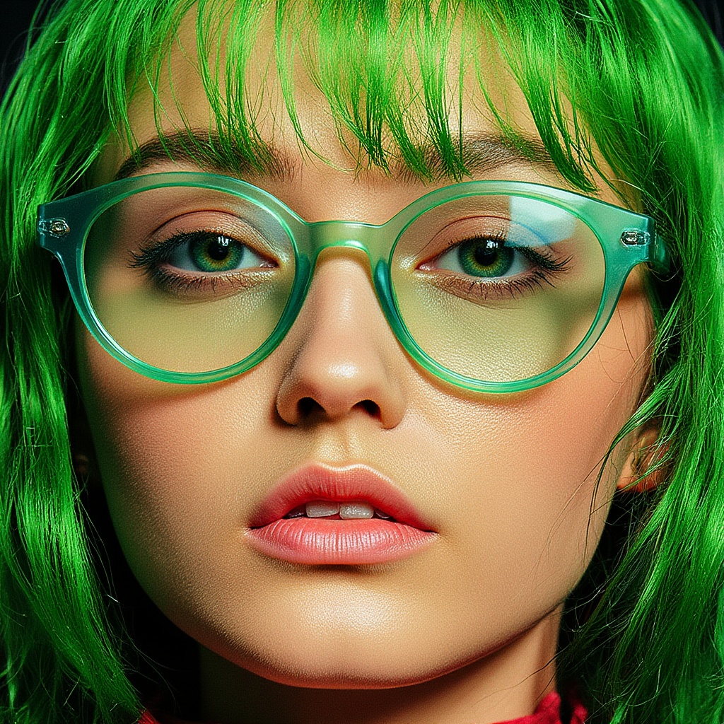 realistic photograph of a goddess,  green hair,  reflective glasses on Tensor.Art