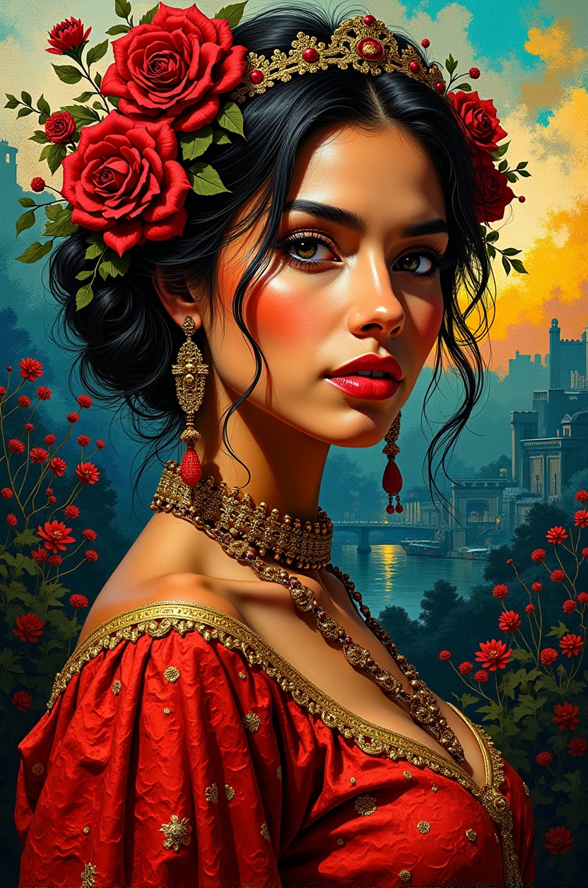 Create an abstract impressionist portrait featuring bold,  textured brushstrokes with a rich Baroque-inspired color palett...