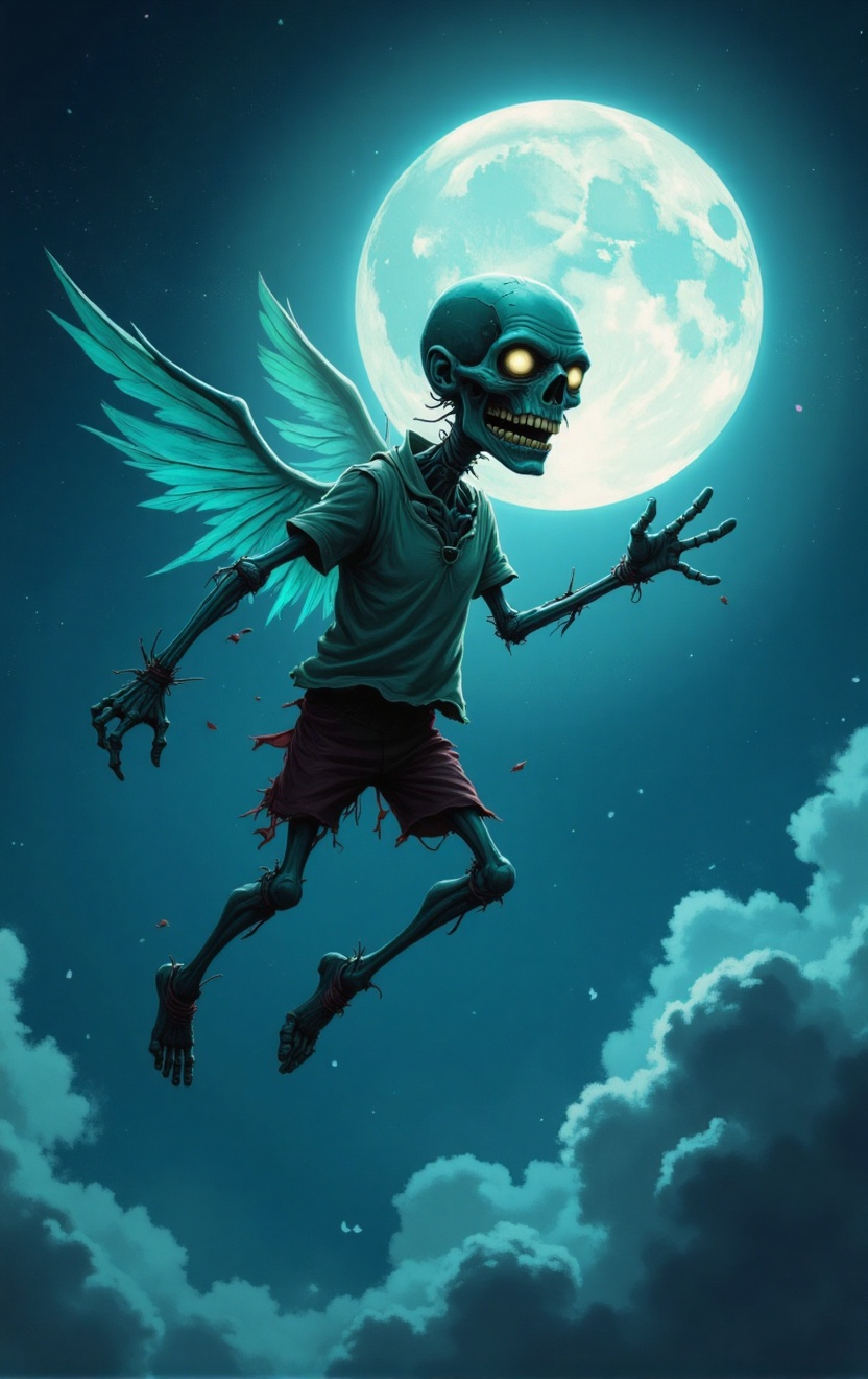 A whimsical flying zombie floats effortlessly against a moonlit sky,  wispy clouds drifting lazily across the background....