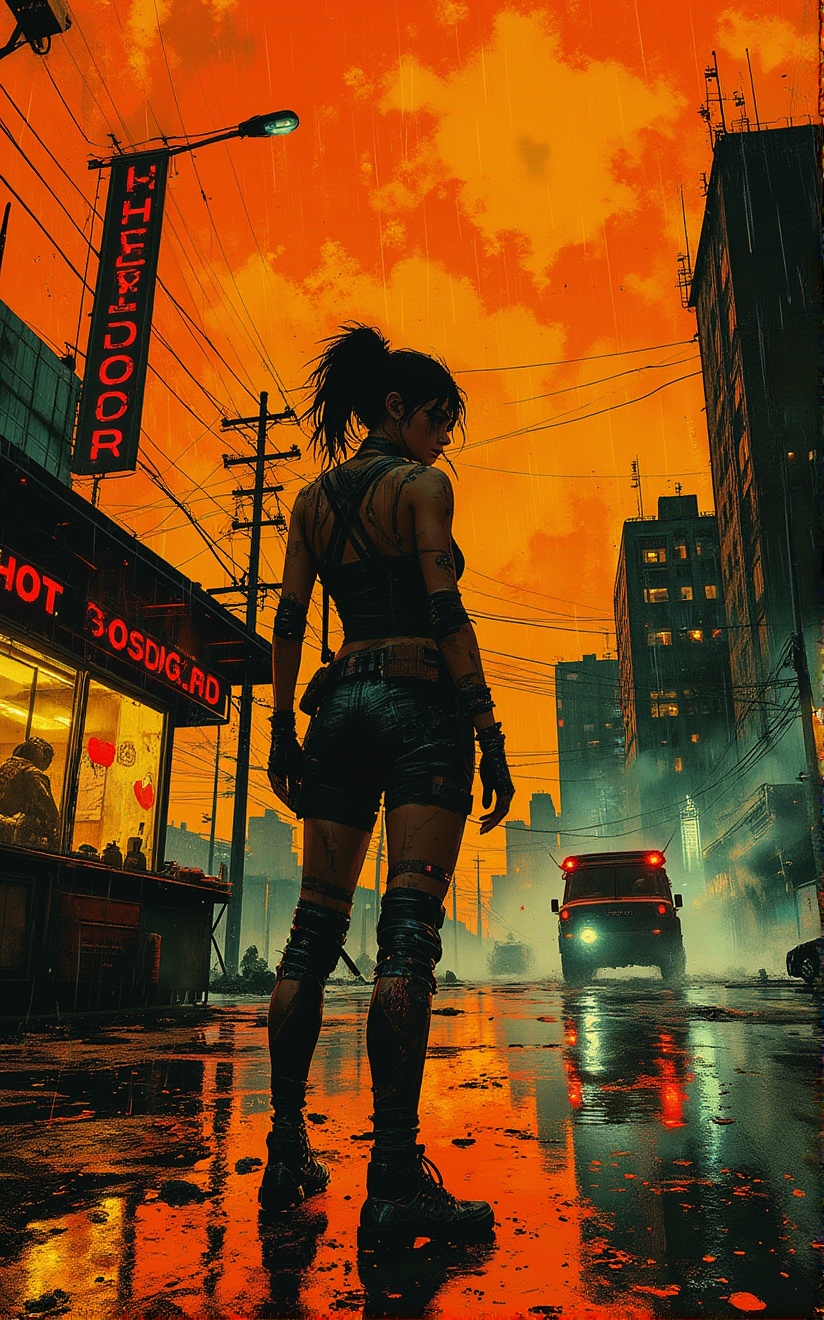 Vibrant brushstrokes and bold colors depict a cybernetically enhanced female warrior standing in front of a hot dog stand,...