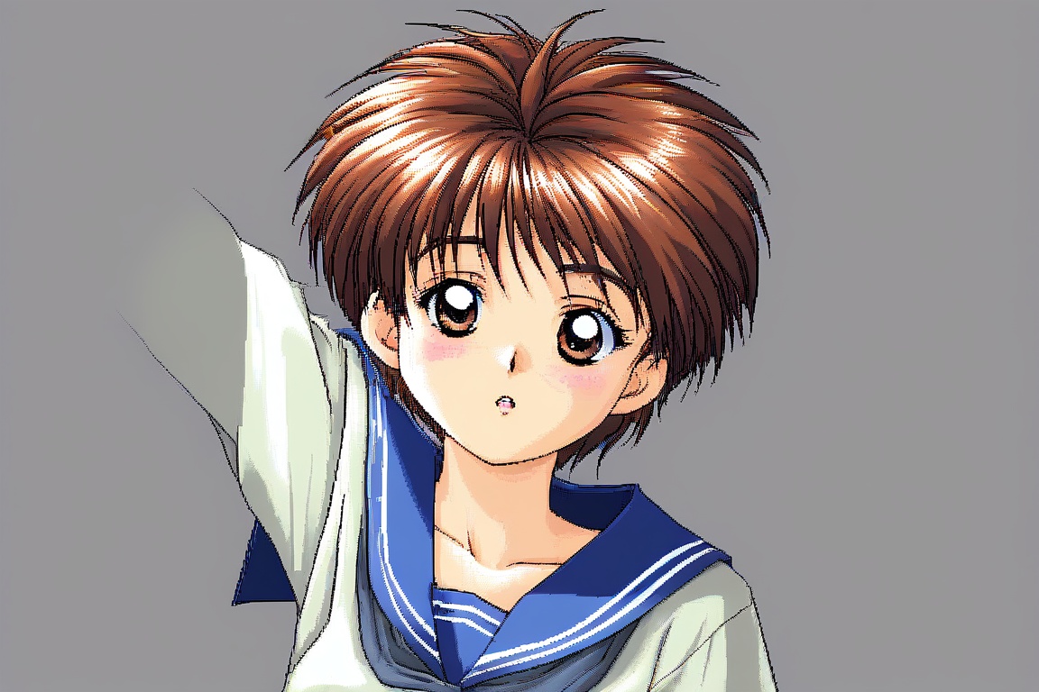 1girl solo,  short hair brown hair brown eyes school uniform,  serafuku on Tensor.Art