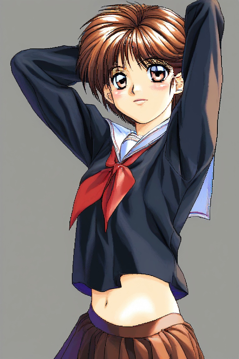 1girl solo,  short hair brown hair brown eyes school uniform,  serafuku on Tensor.Art