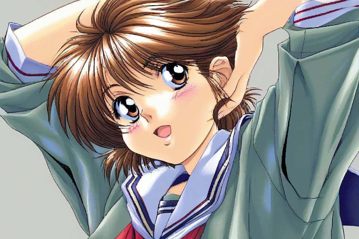 1girl solo,  short hair brown hair brown eyes school uniform,  serafuku on Tensor.Art