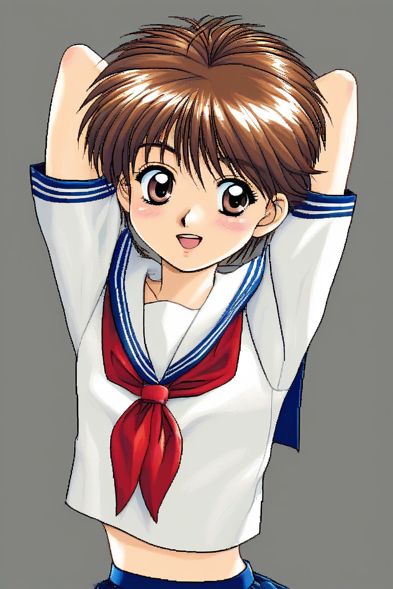 1girl solo,  short hair brown hair brown eyes school uniform,  serafuku on Tensor.Art