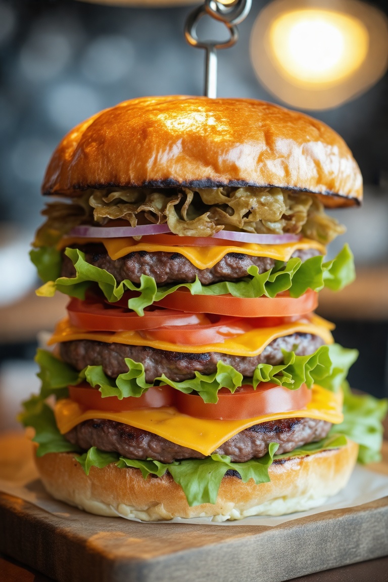 A Midjourney Raw Image Style,  a layered composition of a hamburger in a delicious,  tempting photoshoot on Tensor.Art