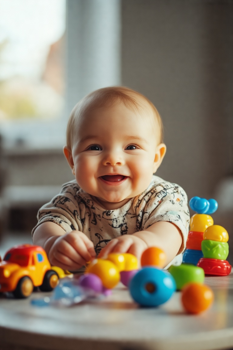 A Midjourney Raw Image Style of a happy baby playing with toys on a table. The baby is centered,  surrounded by colorful t...