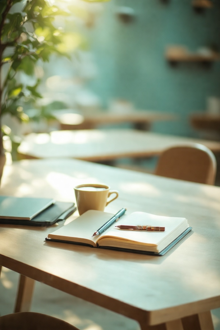 A Midjourney Raw Image Style,  flat composition of a student's table with items on it,  captured in pastel photography. Th...