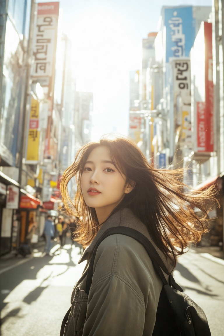 A Midjourney Raw Image Style of a Korean woman on a bright,  sunny day in a Korean city. She stands with long hair flowing...