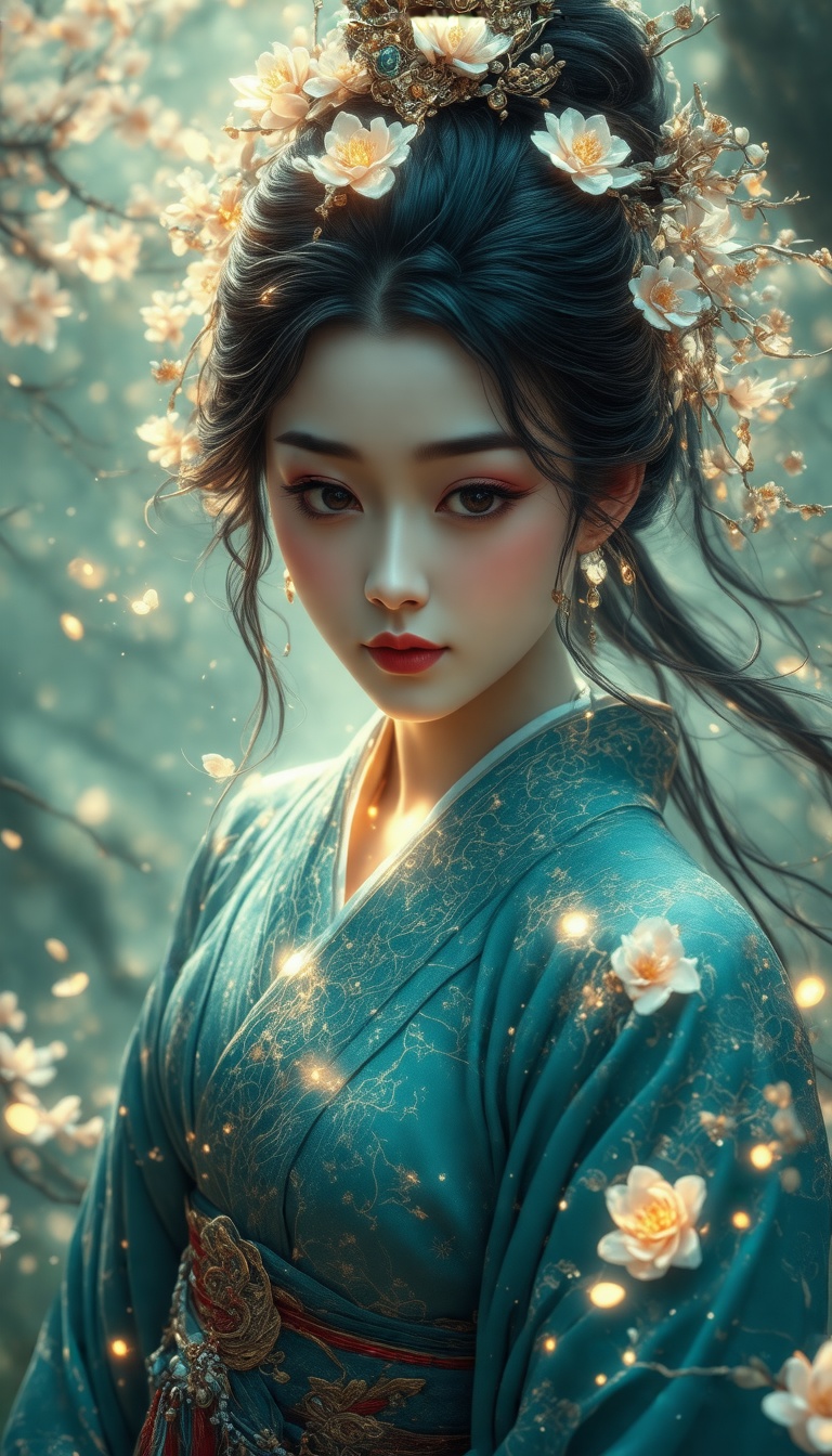 (in Otomo Katsuhiro style:1.2), masterpiece, high-quality, A close-up of a womans face framed by delicate glowing flowers entwined in her hair, Her skin is dappled with petal-like patterns, each breath she takes causes the flowers to pulse with a gentle light, Her gaze is calm yet powerful, Photorealistic, soft glowing flora, dreamlike ambiance, (elaborate fine details:1.1), (elaborately detailed attire with extraordinary elements and headdress:1.1), (hyperdetailed:1.1), (intricate details:1.0), (Refined details:1.1), (best quality:1.1), (high resolution:1.2)