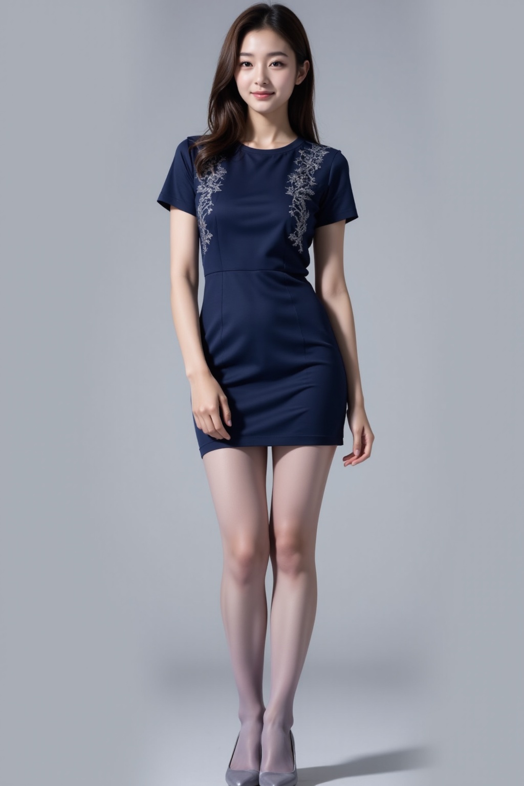 A stunning Japanese woman,  22 years old,  stands confidently in a navy dress adorned with ornate silver-hue embroidery. H...
