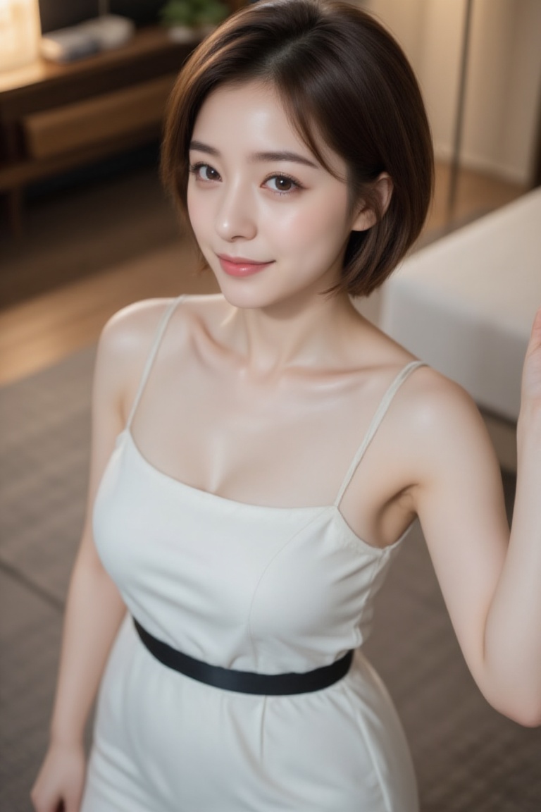 A young Asian woman with stunning short brown hair and double eyelids. She wears eyeliner and a charming,  alluring smile....