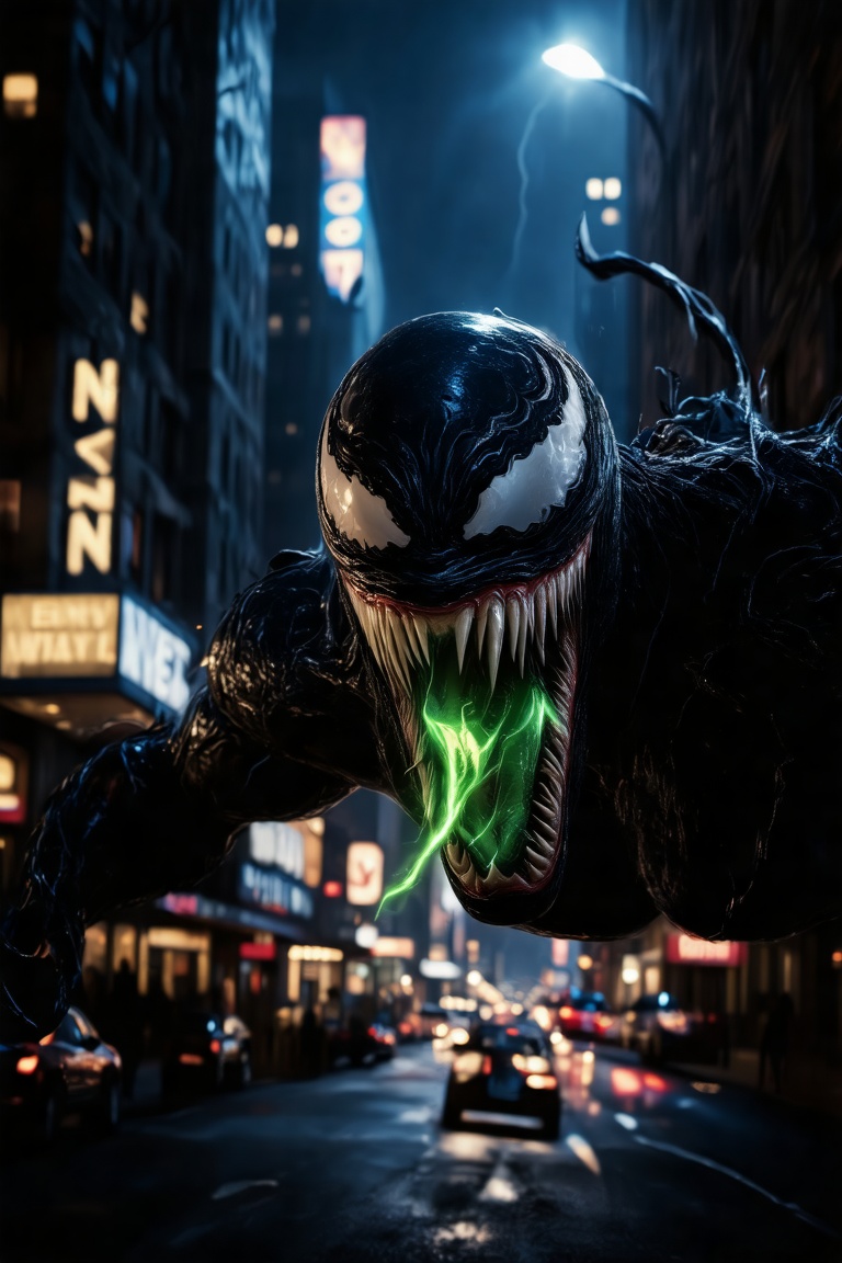 A close-up shot of Venom's grotesque face,  lit by a dimly flickering streetlight casting eerie shadows on his scaly skin....
