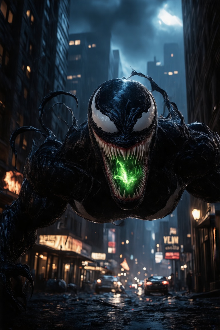 Venom's grotesque face fills the frame,  illuminated by a dim streetlight casting eerie shadows on his scaly skin. Green e...