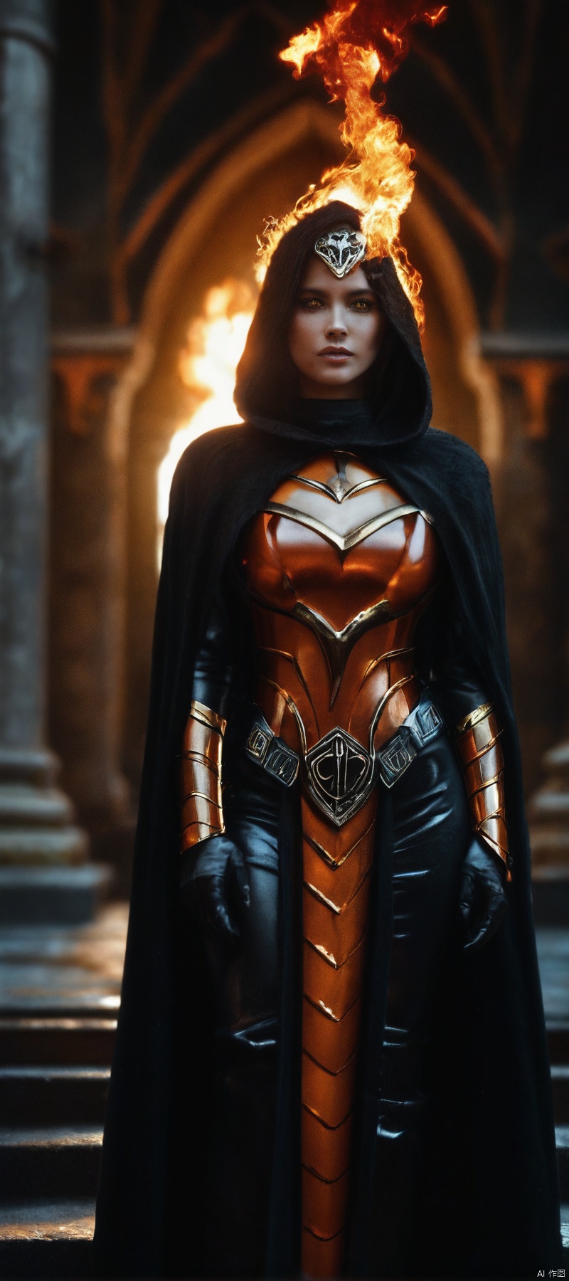 Dark mayan fantasy, shadow assassine, ((black hybrid orange armor, dark smoke emanating from within)), (burning eyes:1), hooded cloak of leather material), gold accents, dark underworld/temple background, smooth lighting, soft lighting, masterpiece, 32k UHD resolution, best quality, highres, realistic photo, professional photography, cinematic angle, reflection lights, closed up, ray tracing,KYUYONGEOM score_9 score_8_up score_7_up,Wear a slavekini leia outfit