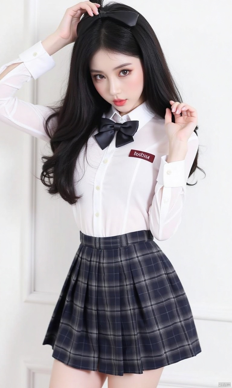 1girl, gl03, long black hair , Korean girl group, miniskirt, full body photo