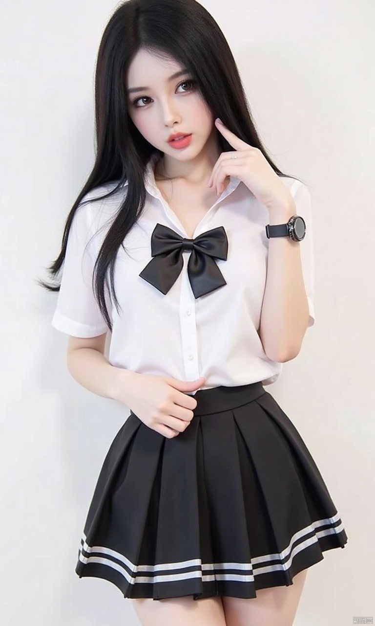 1girl, gl03, long black hair , Korean girl group, miniskirt, full body photo