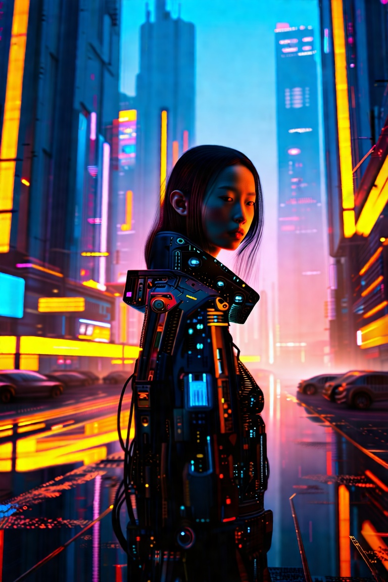 A masterpiece of realism,  a hauntingly beautiful scene. In a futuristic cityscape bathed in the warm glow of rim light an...
